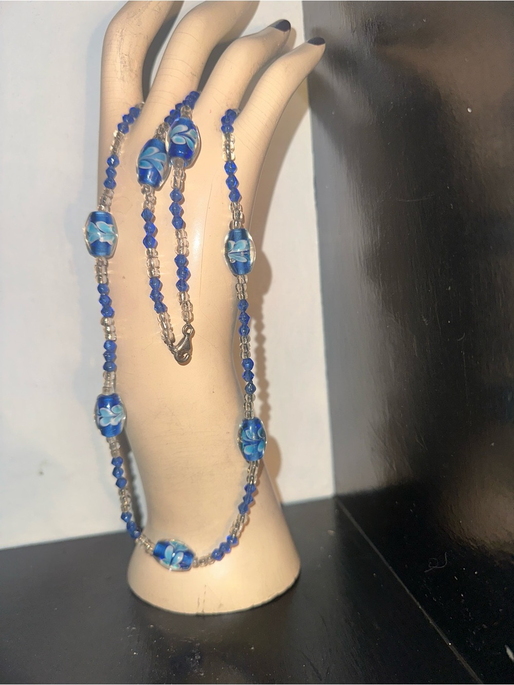 .925 Sterling Silver& Murano Style Lampwork Glass Beaded Necklace blue